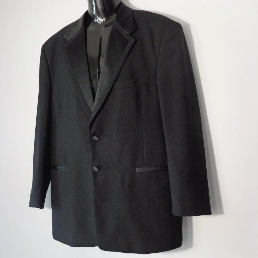 Perry Ellis Black Wool Tuxedo Jacket with Satin Peak Lapels Wedding Prom Sz 42 S